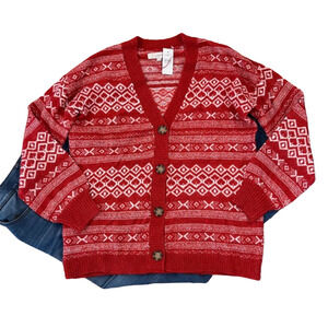 NWT LOFT Ruby Rust Red Fair Isle V-Neck Pocket Cardigan